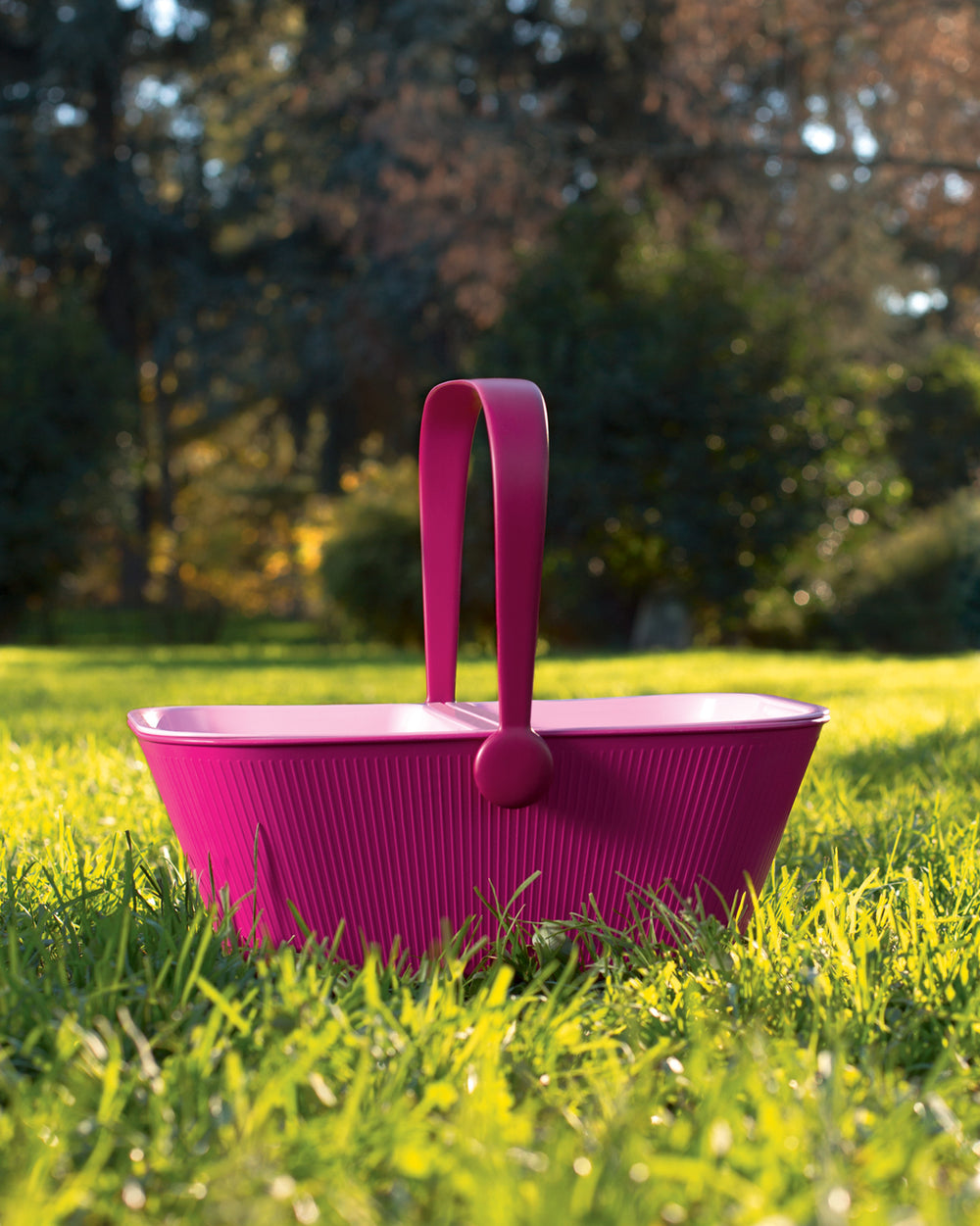 Magenta ridged pet travel organizer by Alessi with a top handle, sitting in green grass outdoors.