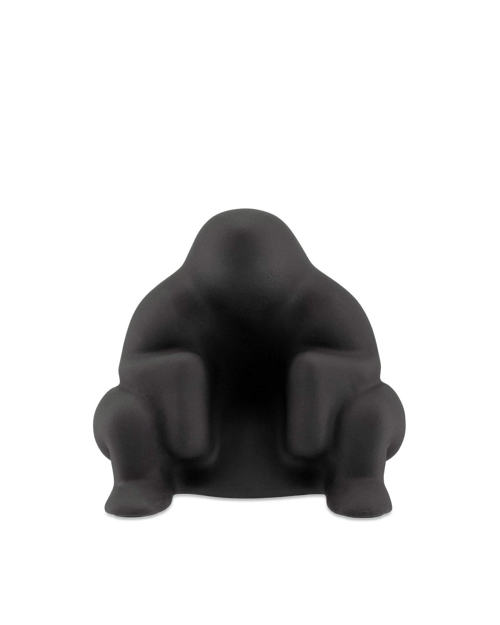 Black matte Dédé doorstop by Alessi, shaped like a squatting figure on a white background.