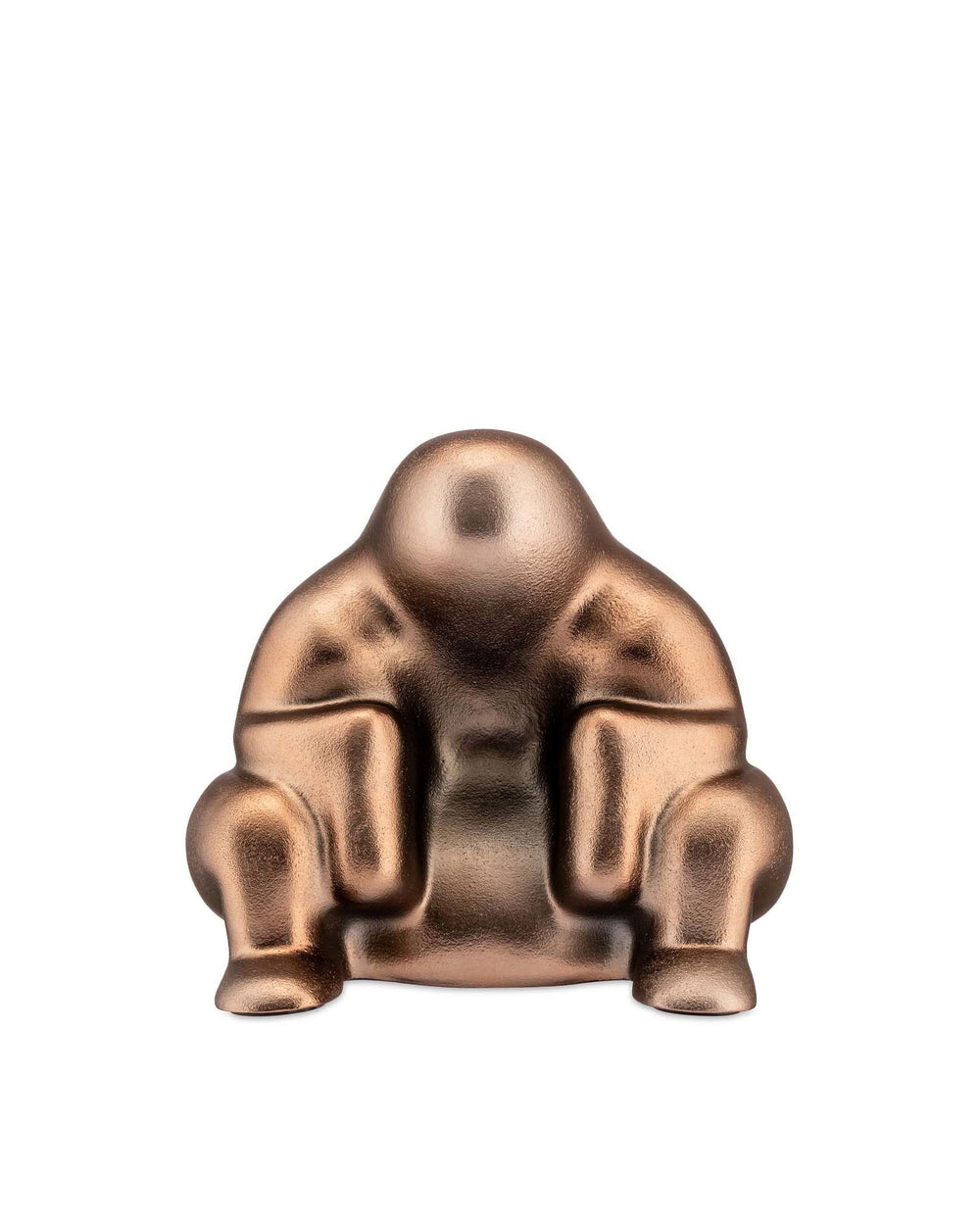 Bronze-finished squatting doorstop by Alessi, featuring an abstract, rounded humanoid form with a granular texture.