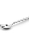 Modern silver Clivo spoon by Alessi with a distinct angular handle, angled on a bright white surface.