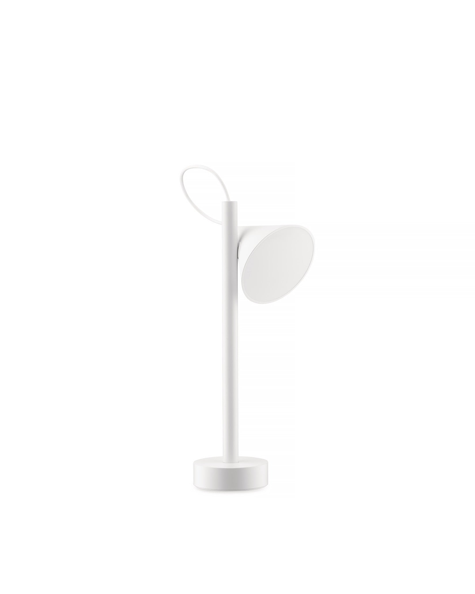 White Tsumiki lamp by Alessi with a slender stand, angled oval light, and top loop detail.