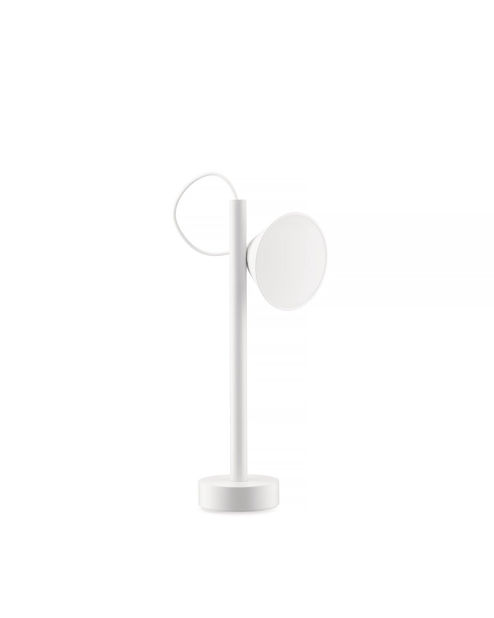 White Tsumiki table lamp by Alessi, featuring a rounded head, cylindrical stand, and curved top element.