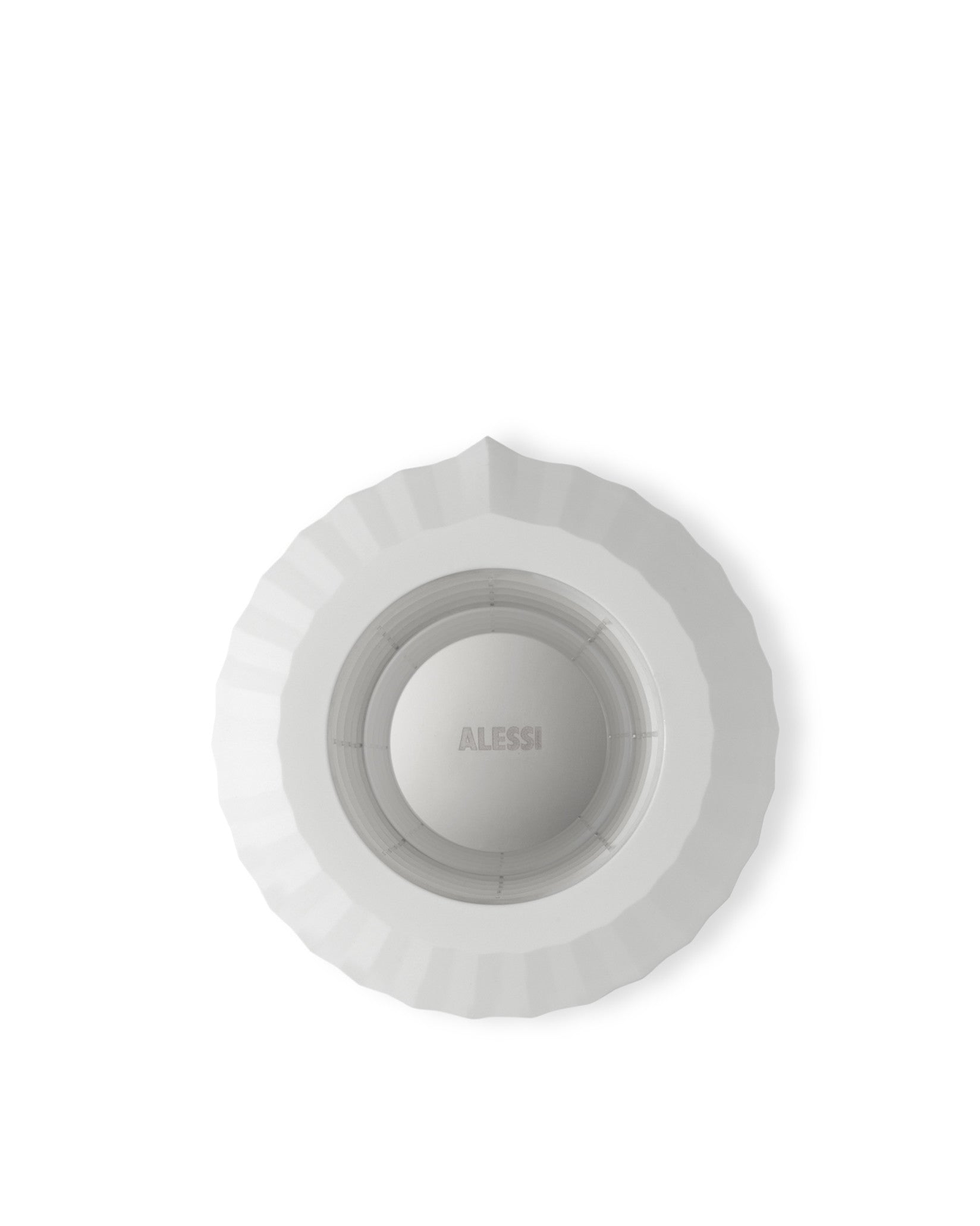 White pleated capsule holder by Alessi with a central debossed logo, viewed from above.