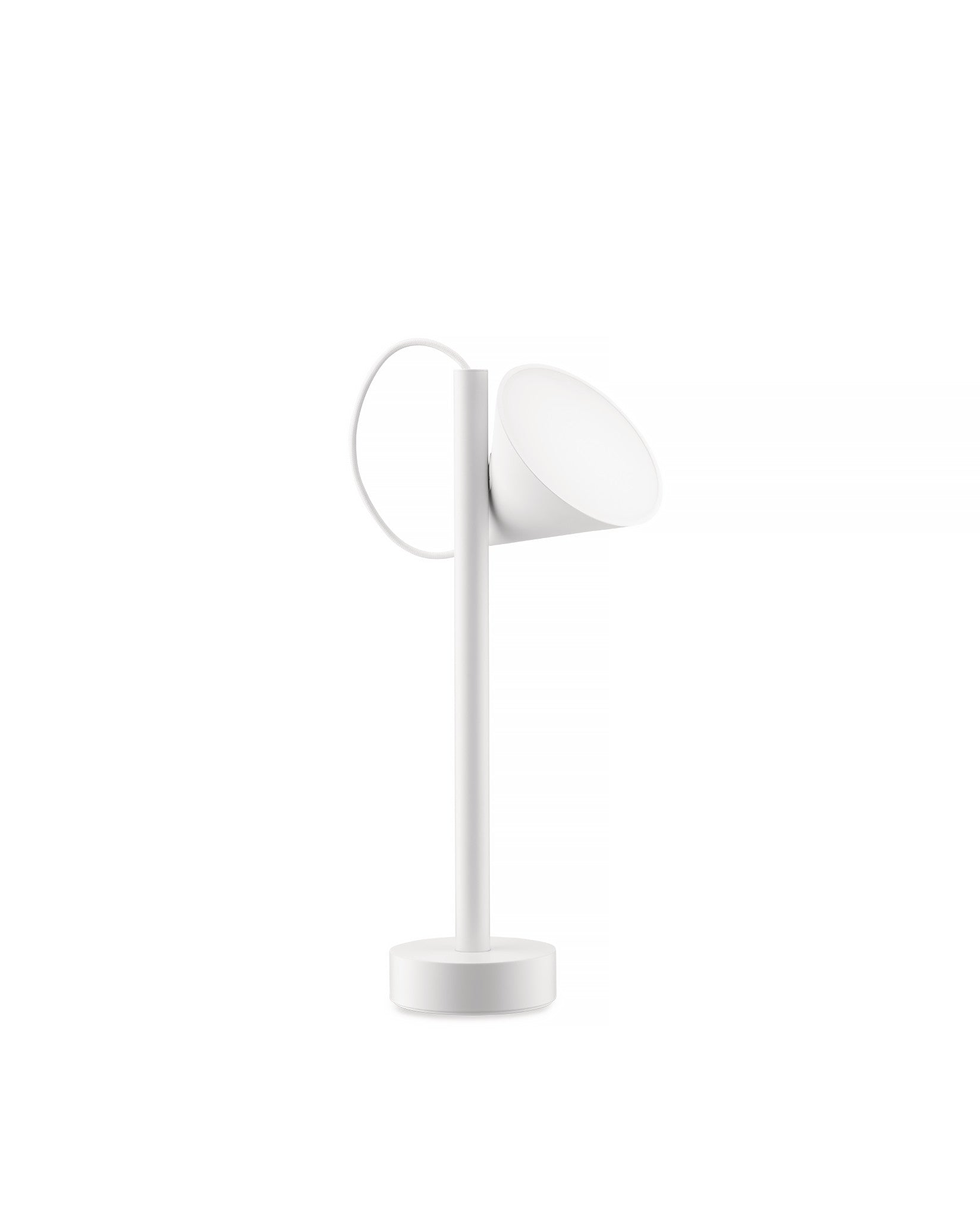 White Tsumiki table lamp by Alessi with a conical shade, cylindrical stem, round base, and a white cable loop.