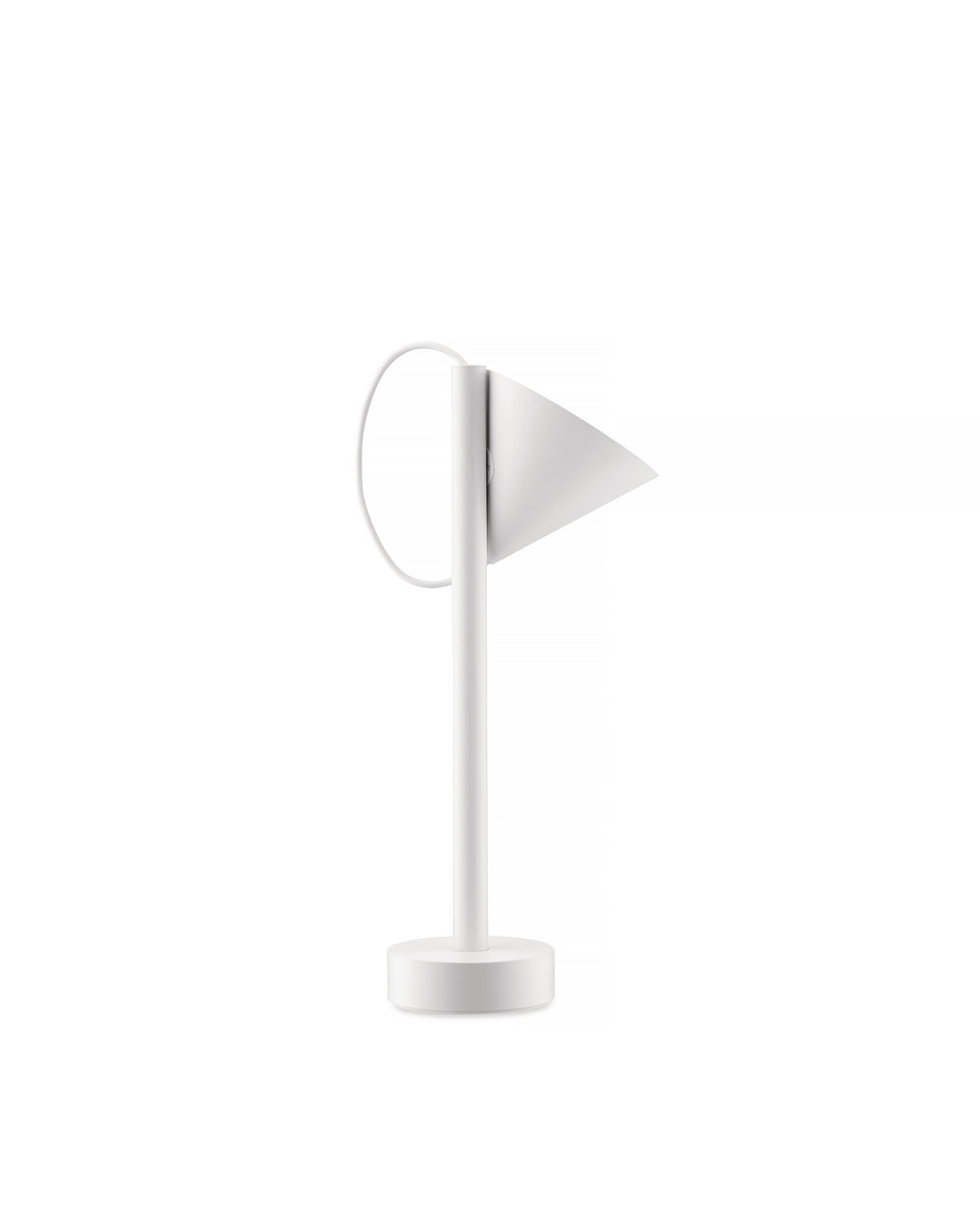 Matte white Tsumiki lamp by Alessi with a conical shade and a distinctive looped cable design.