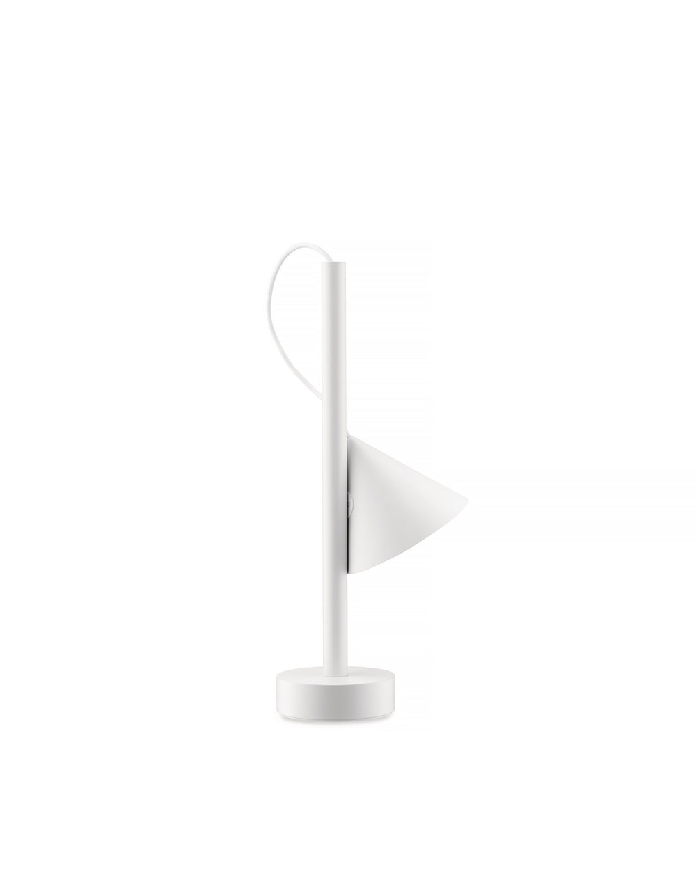 White table lamp by Alessi with a cylindrical base and stem, and a conical shade, side view.