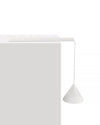 White conical pendant lamp by Alessi, hanging from a cylindrical white bar, side view.