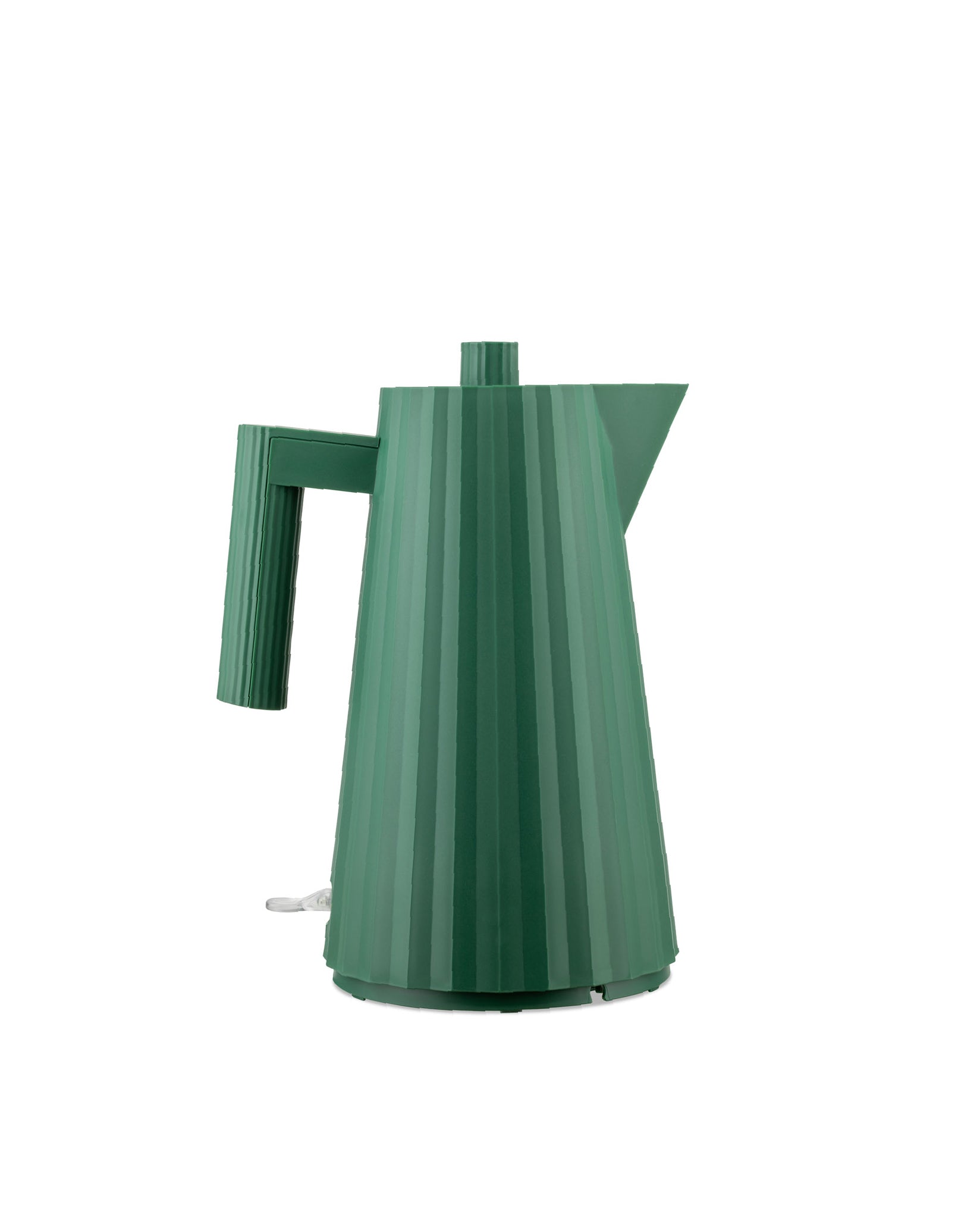 Green ribbed electric kettle by Alessi with vertical pleated design on a white background.