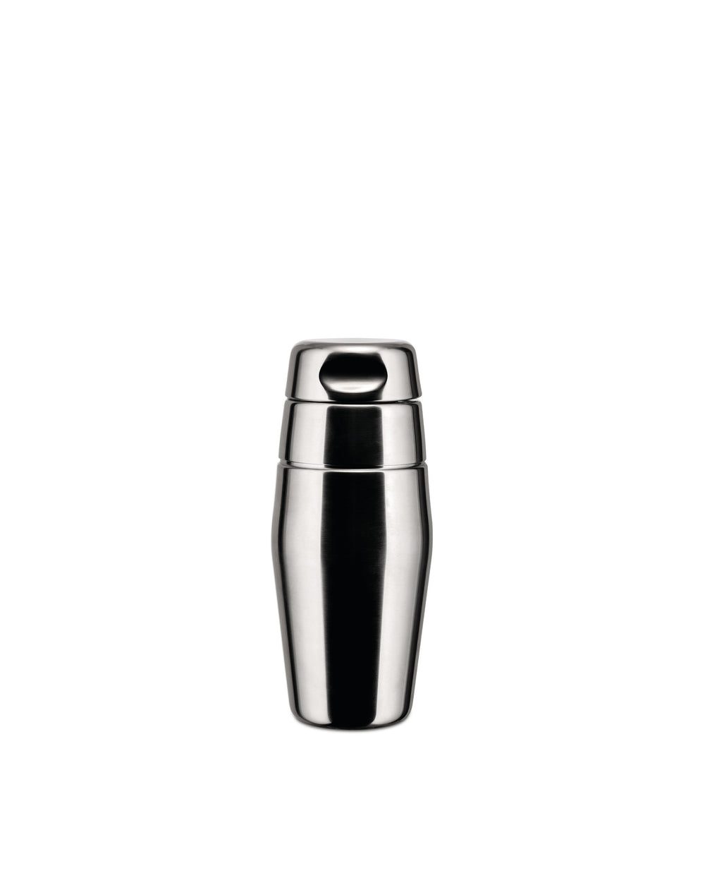 Sleek stainless steel cocktail shaker by Alessi, featuring a modern three-piece design with a polished finish.