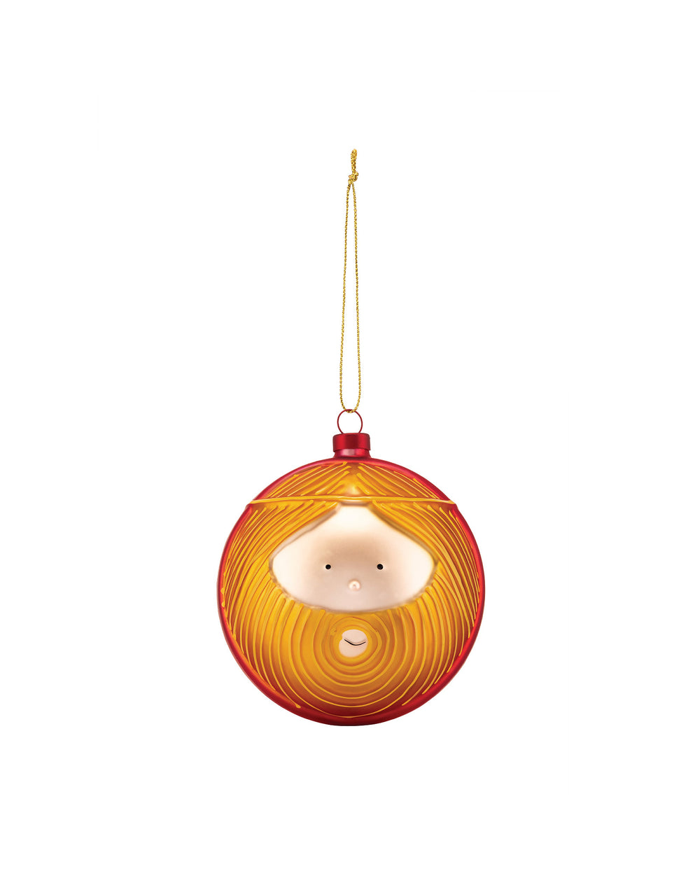 Red and orange Giuseppe bauble ornament by Alessi, featuring a stylized face with textured hair and a gold hanging string.