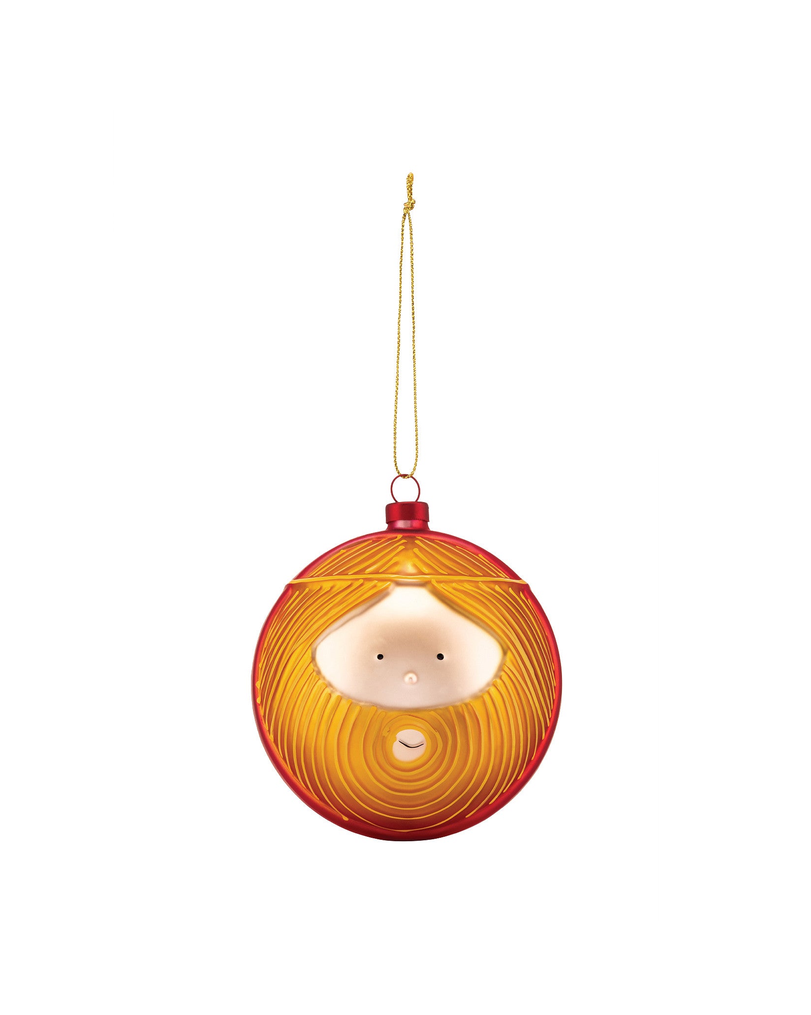 Red and orange Giuseppe bauble ornament by Alessi, featuring a stylized face with textured hair and a gold hanging string.
