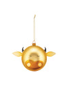 Gold glossy cow Christmas ornament by Alessi, featuring black horns, gold ears, closed eyes, and a heart-shaped snout.