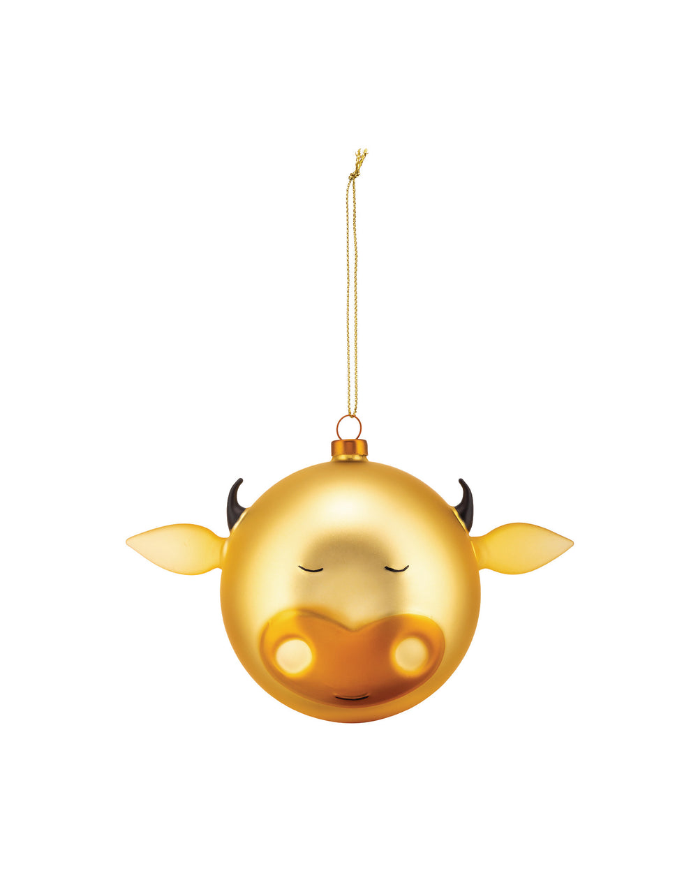 Gold glossy cow Christmas ornament by Alessi, featuring black horns, gold ears, closed eyes, and a heart-shaped snout.