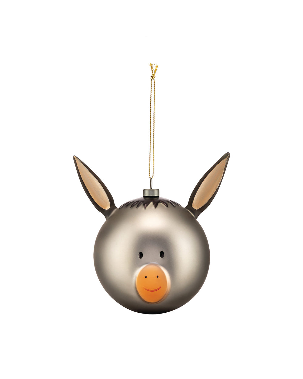 Silver donkey Christmas ornament by Alessi, with long ears, black eyes, and an orange smiling snout, hanging from a gold string.