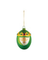 Green and gold Wise Man ornament by Alessi, wearing a crown with red and green gems and a white beard.