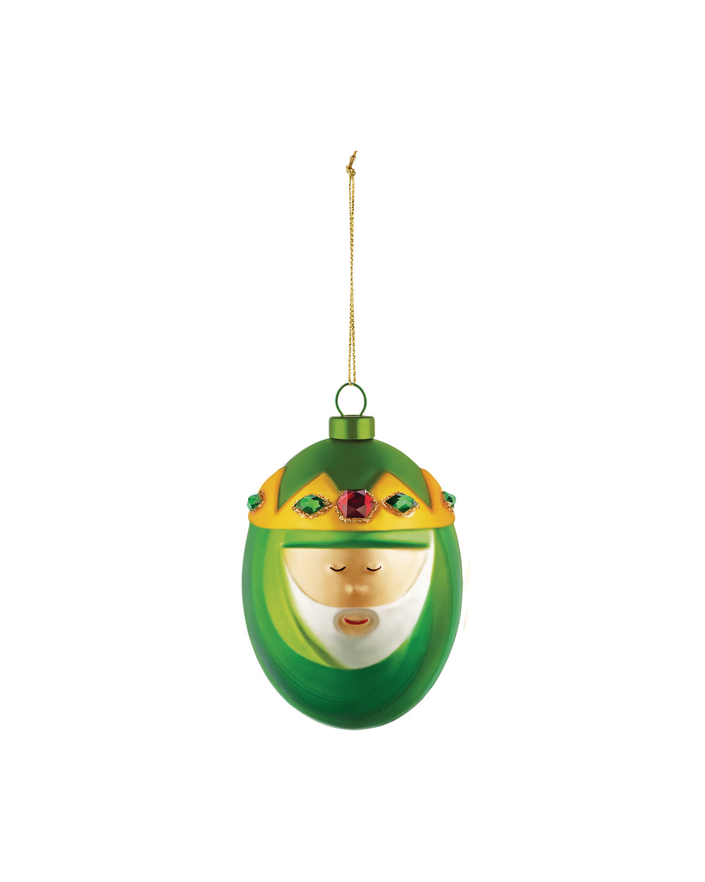 Green and gold Wise Man ornament by Alessi, wearing a crown with red and green gems and a white beard.