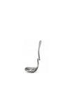 Silver metal slotted ladle by Alessi, featuring an elegant curved handle and wavy slots, positioned upright.