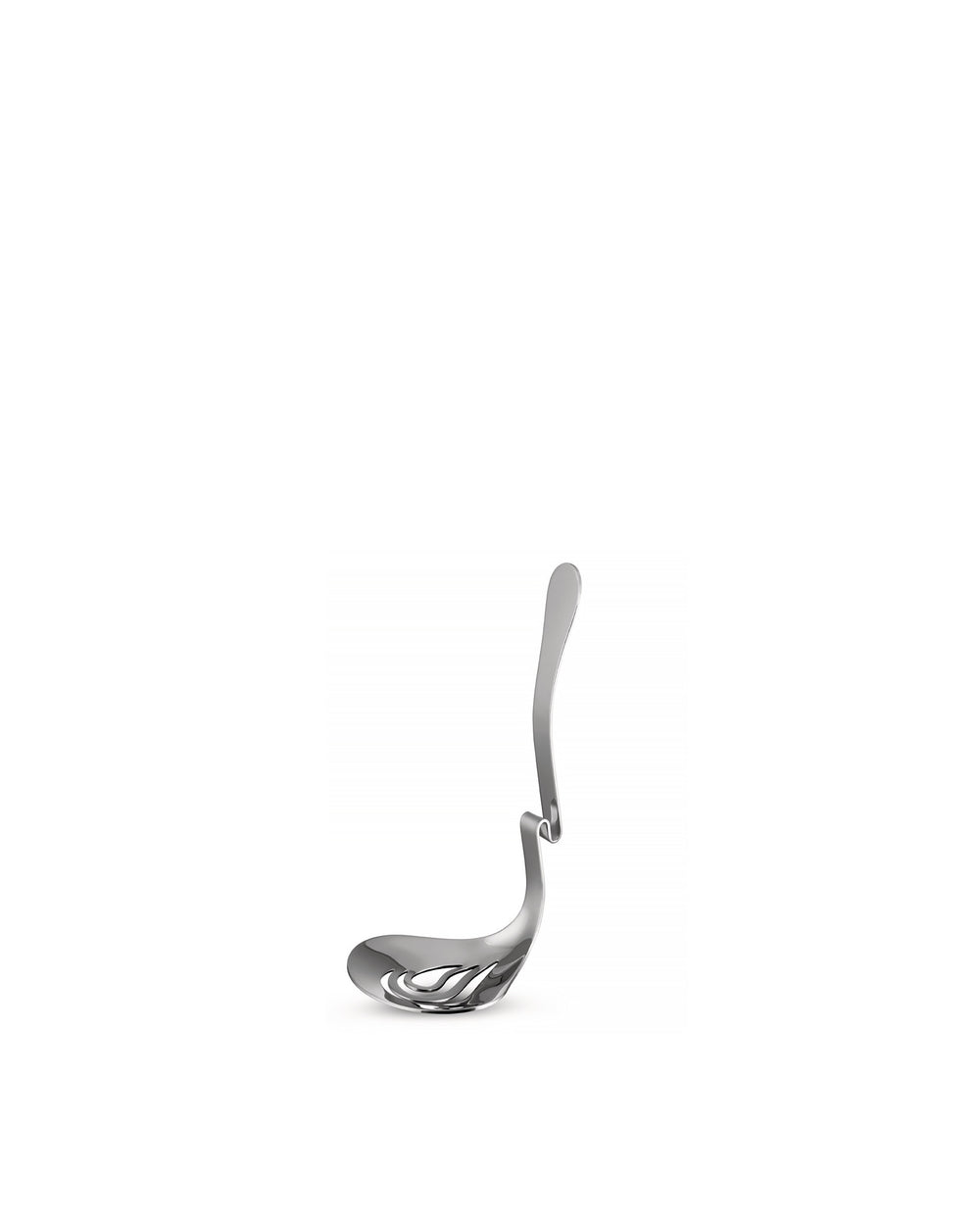 Silver metal slotted ladle by Alessi, featuring an elegant curved handle and wavy slots, positioned upright.