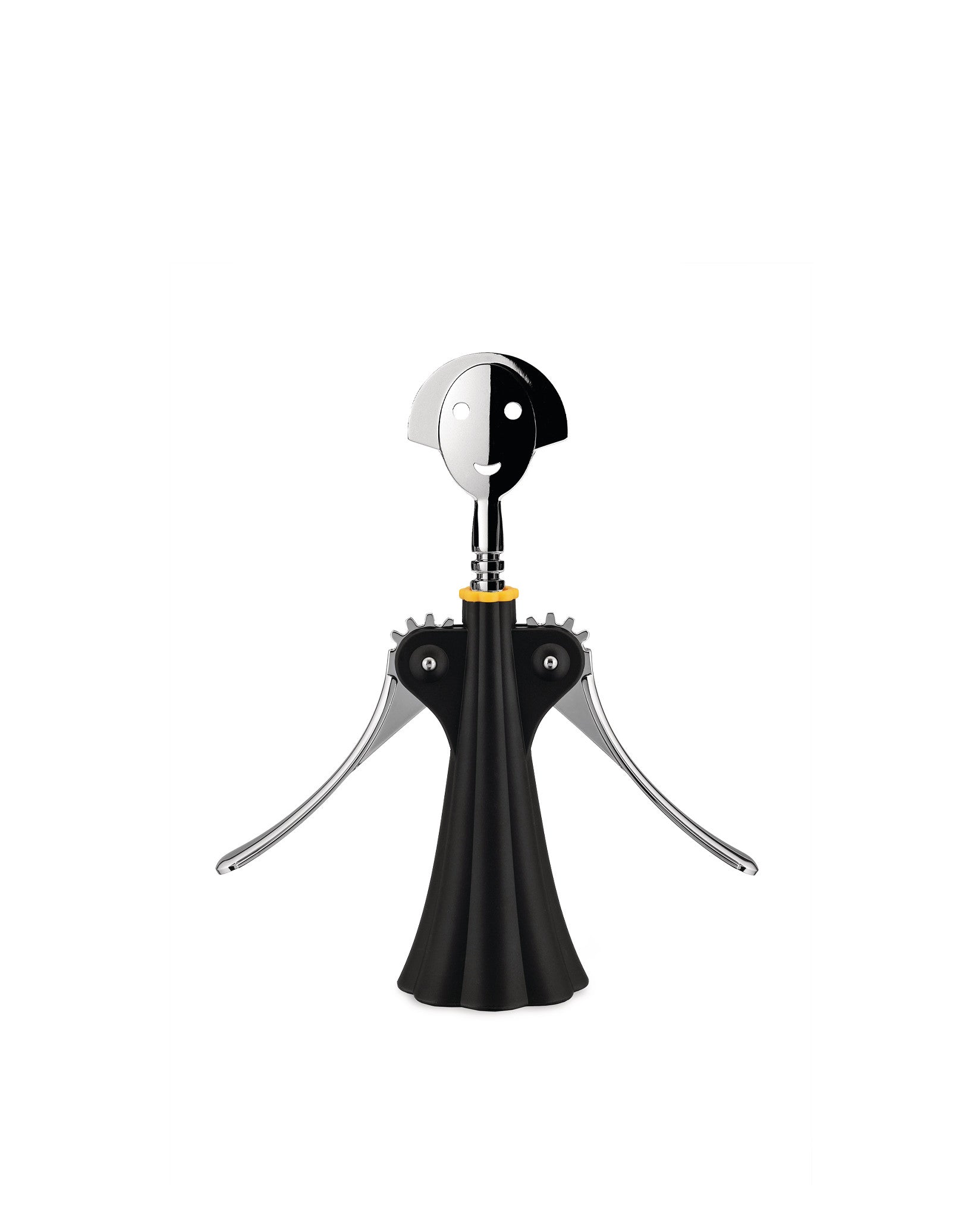 Black and chrome-plated corkscrew by Alessi with a smiling figural head and skirted base, on white.