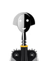 Chrome and black Anna G. corkscrew by Alessi with a smiling face handle, yellow ring, and geared base.