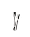 Polished stainless steel ice tongs by Alessi with sharp, serrated gripping teeth, shown open on white.