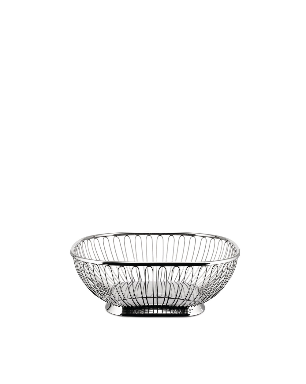 Silver wire basket by Alessi, rectangular with rounded corners and a shiny finish, on a white background.