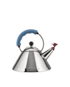 Conical polished stainless steel whistling kettle by Alessi, with a blue handle and red bird whistle.