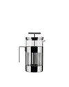 Chrome and glass French Press by Alessi featuring a modern design with a slotted chrome frame, shown front view.