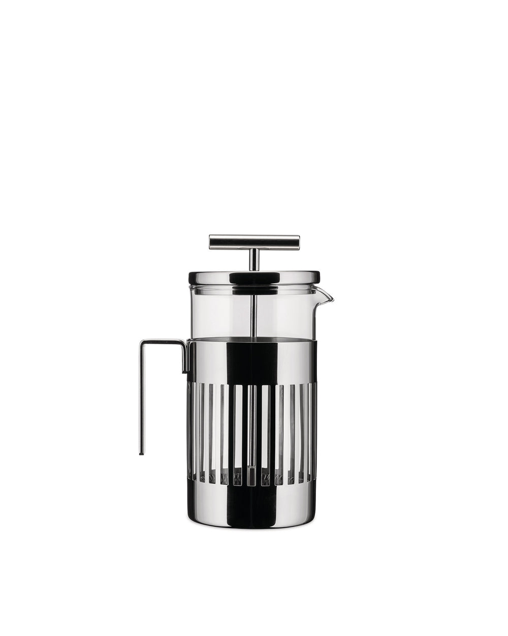 Chrome and glass French Press by Alessi featuring a modern design with a slotted chrome frame, shown front view.