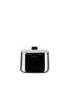 Polished stainless steel sugar bowl by Alessi with a flat lid, small rectangular handle, and front spoon recess.