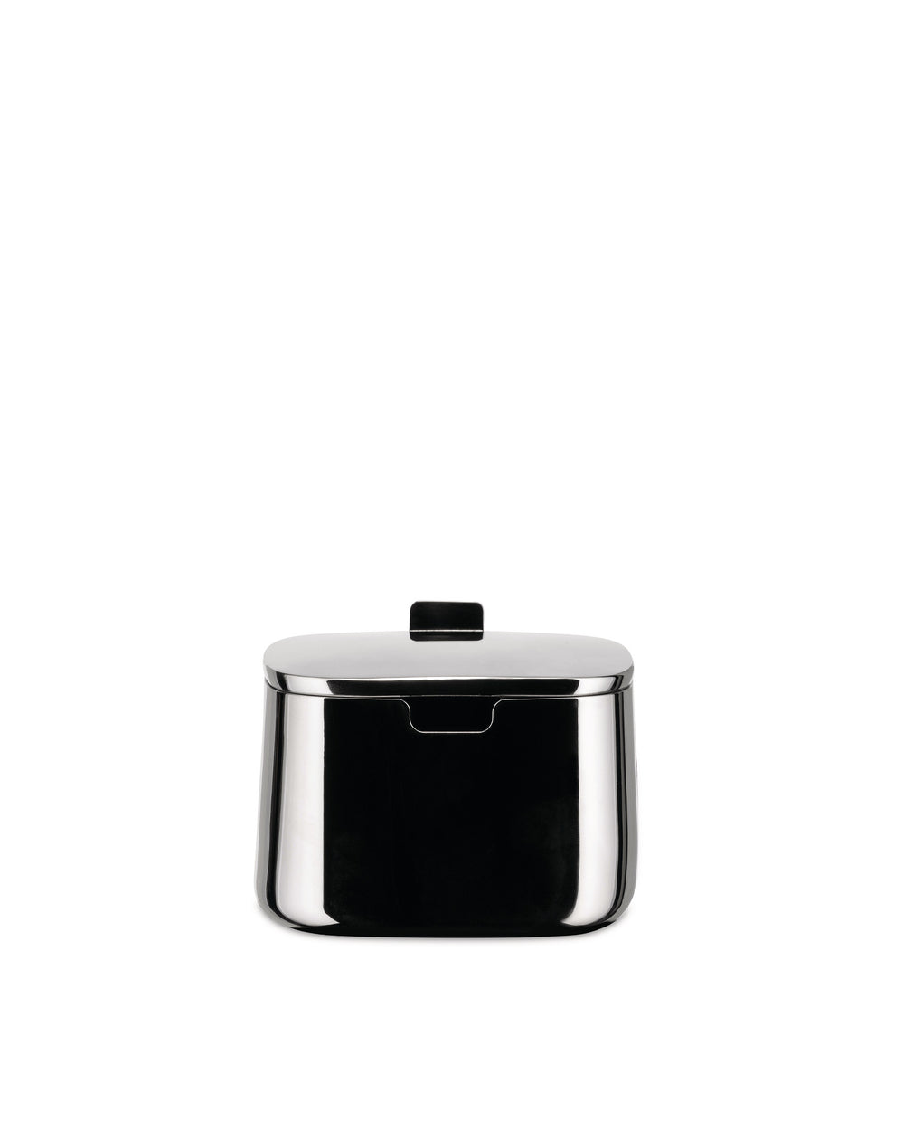 Polished stainless steel sugar bowl by Alessi with a flat lid, small rectangular handle, and front spoon recess.