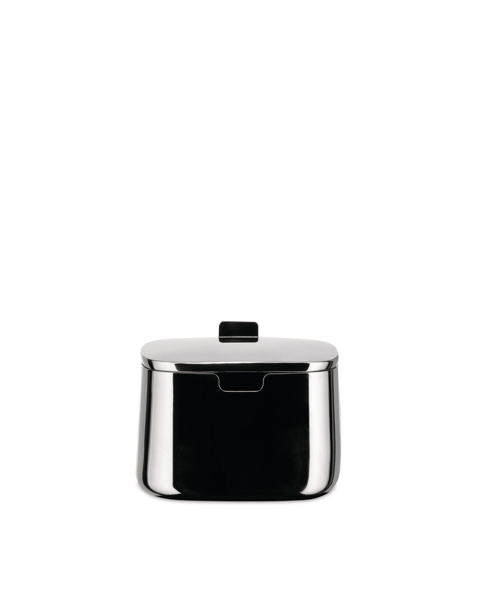 Polished stainless steel sugar bowl by Alessi with a flat lid, small rectangular handle, and front spoon recess.