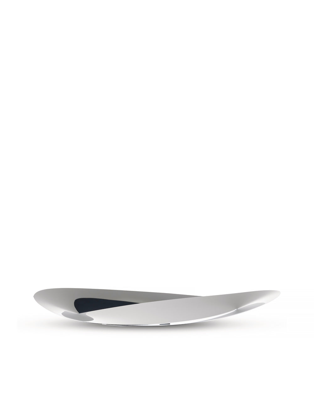 Silver-toned Octave basket by Alessi with a sleek, twisted sculptural design and dark interior.