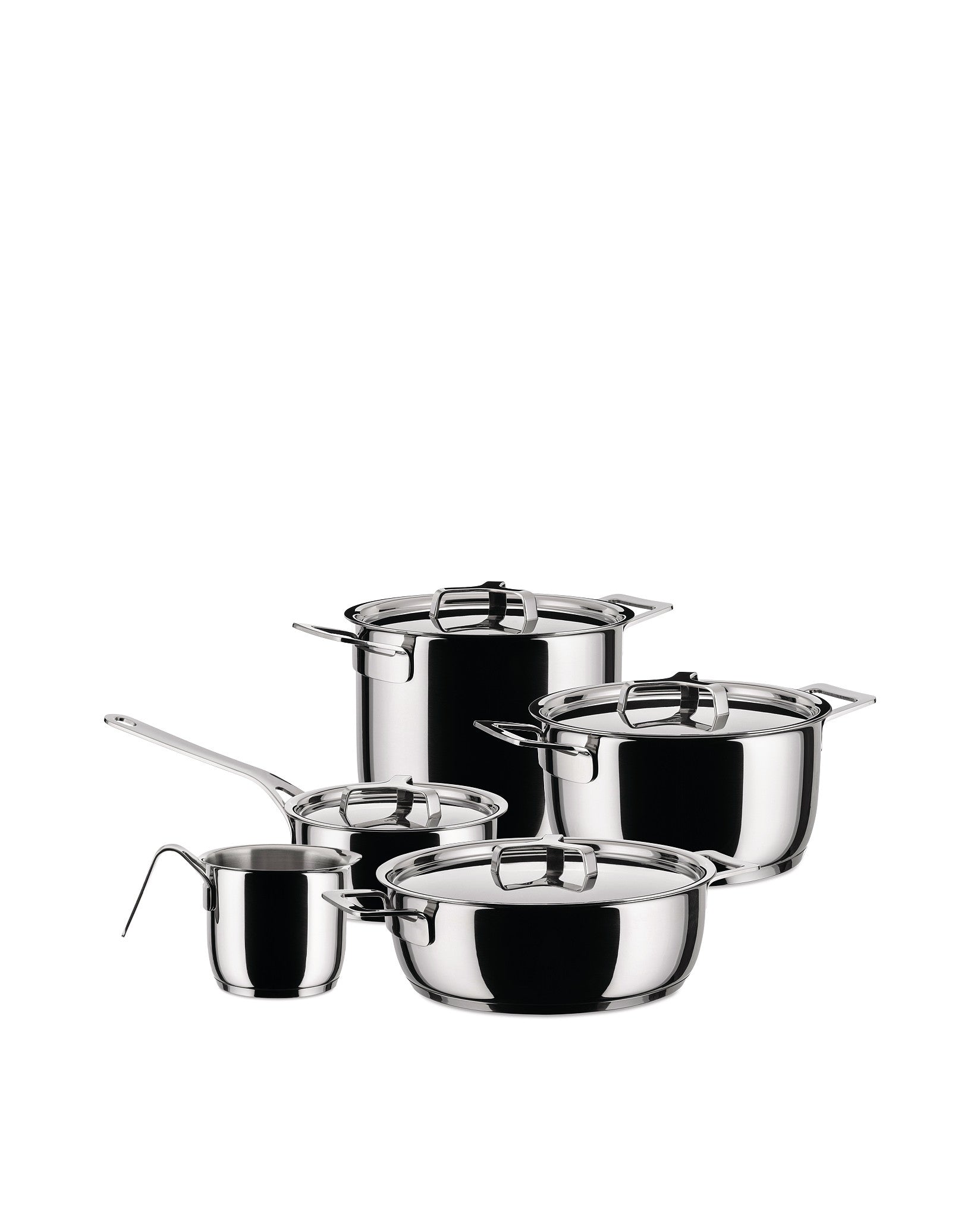 Sleek stainless steel cookware set by Alessi, including various pots, a saucepan, and milk pan.