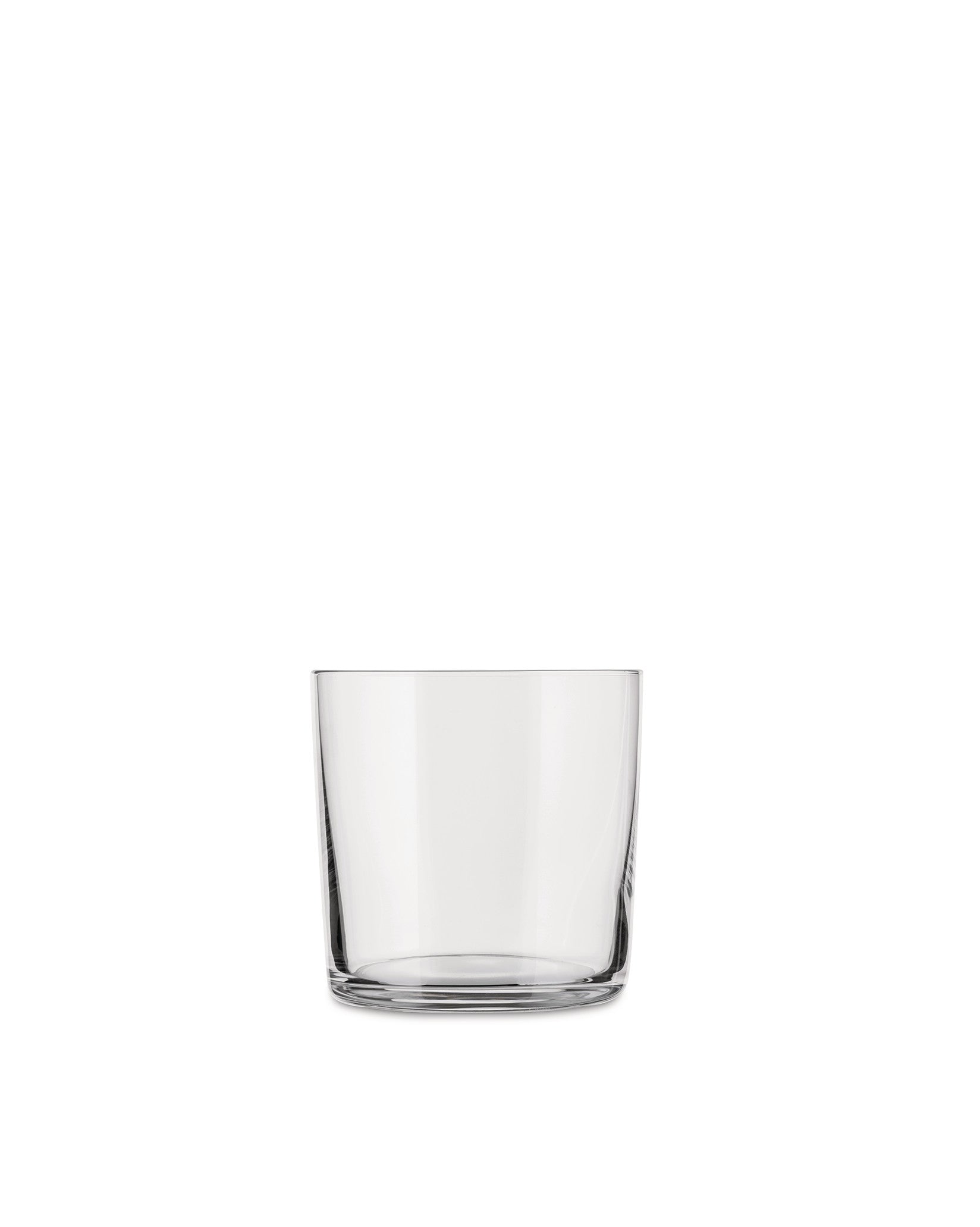 Clear drinking glass by Alessi, a simple, straight-sided tumbler with a thick base, shown from the front.