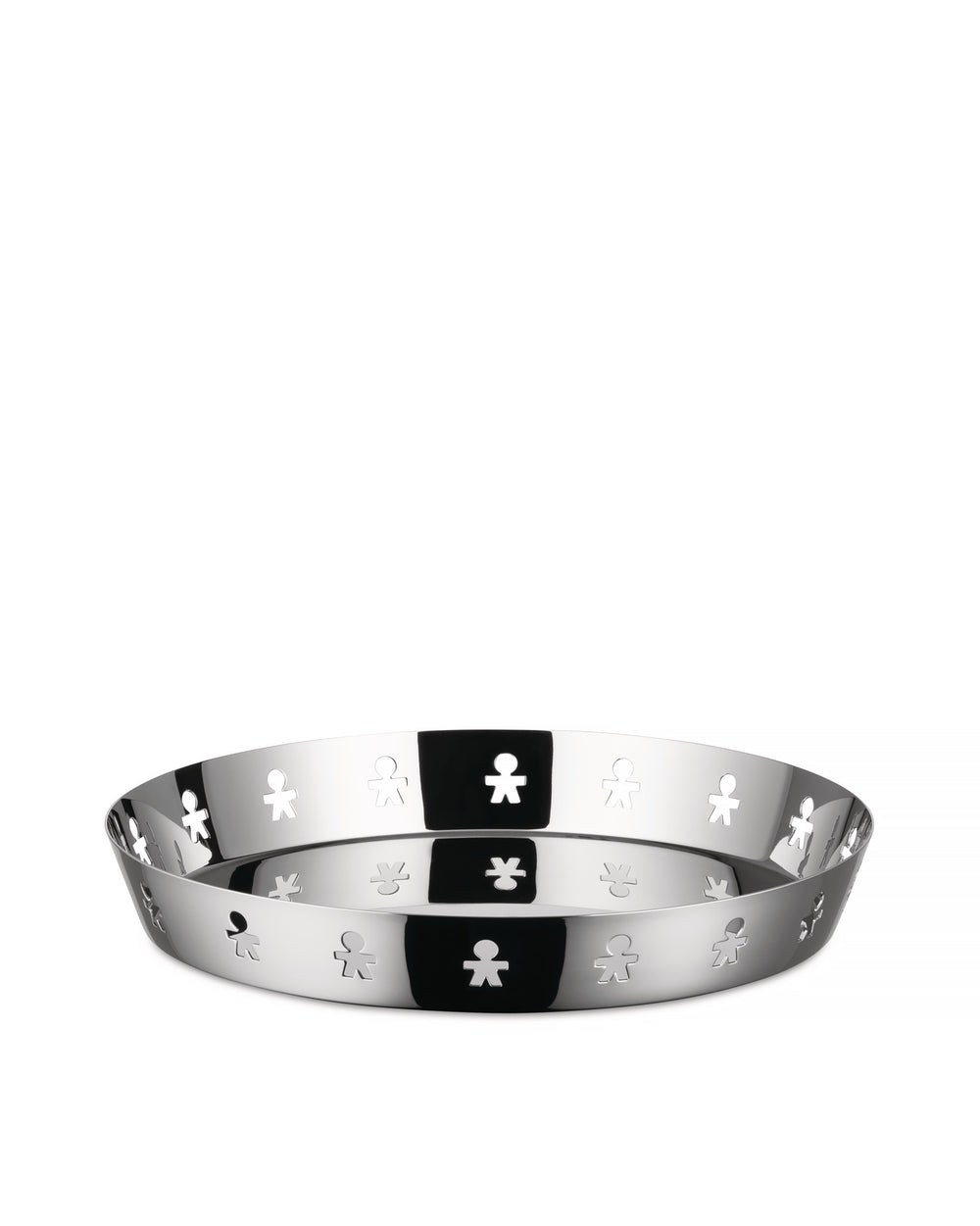 Silver metal decorative basket by Alessi, featuring playful "little man" cut-outs around the rim.