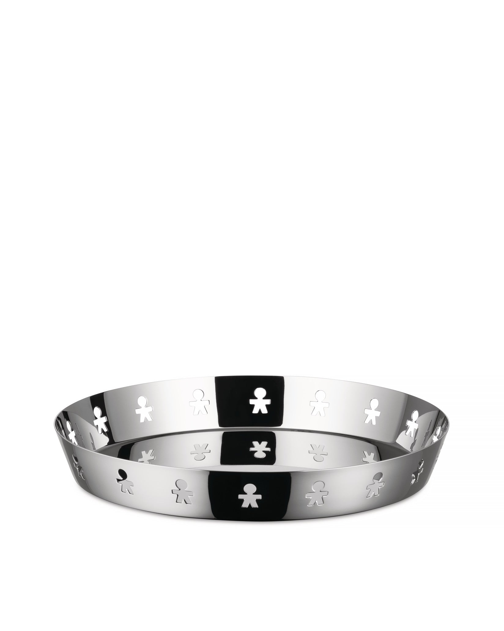 Silver metal decorative basket by Alessi, featuring playful "little man" cut-outs around the rim.