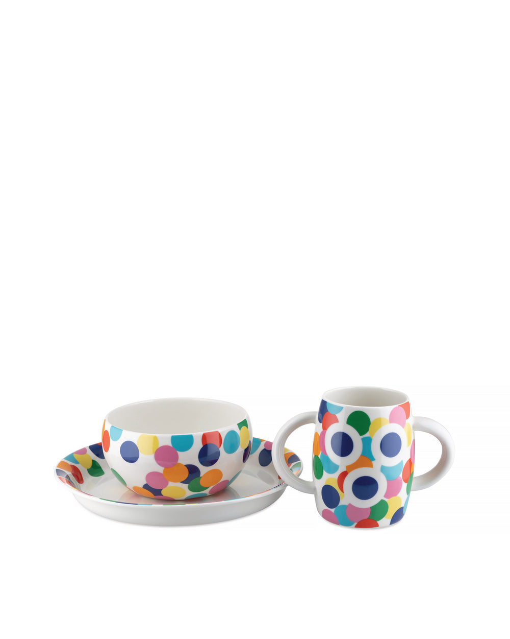 White ceramic children's dinnerware set by Alessi, featuring a handled mug, bowl, and plate with colorful polka dots.