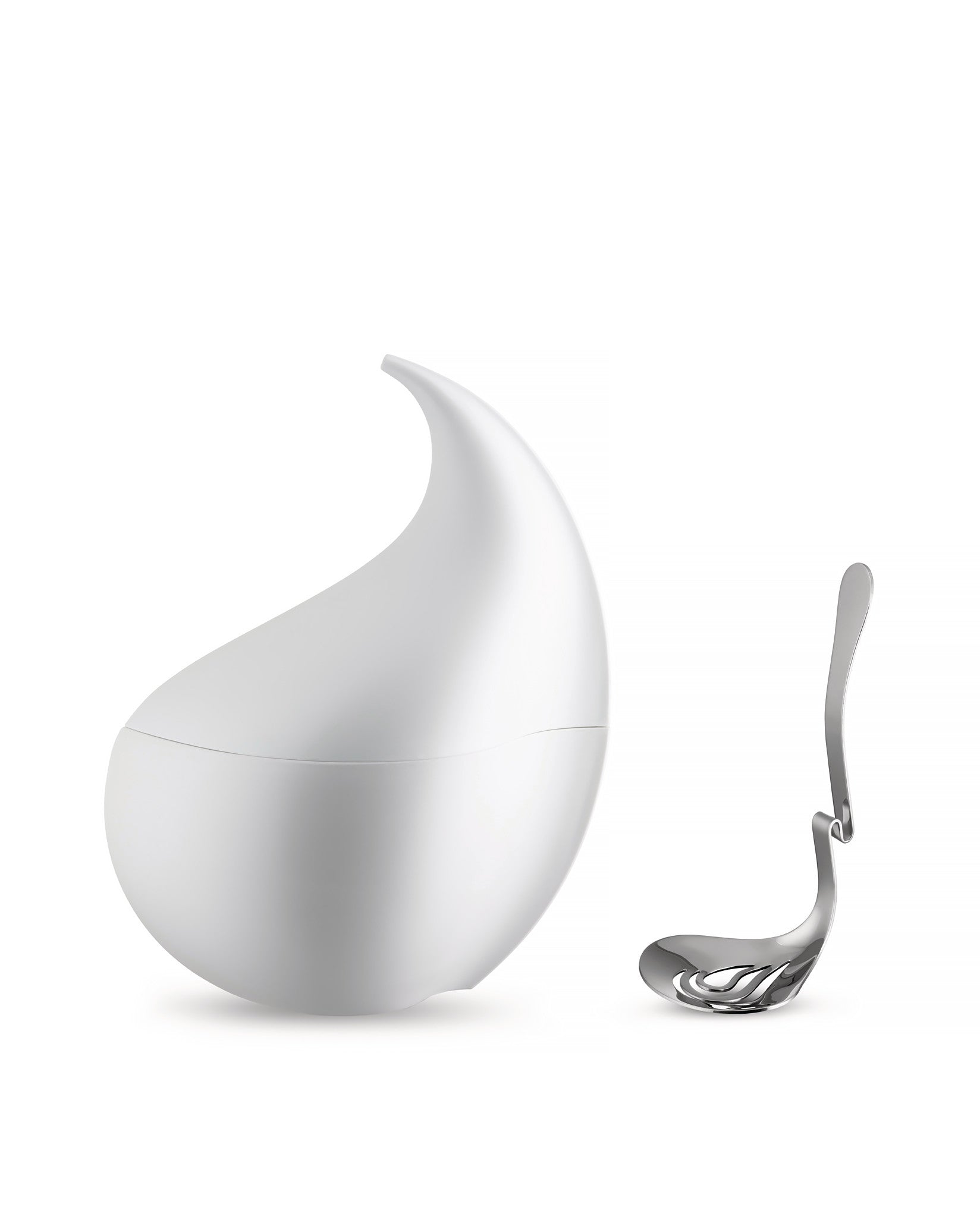 White sugar bowl by Alessi, tear-drop shaped with a curved spout, accompanied by a silver slotted ladle.