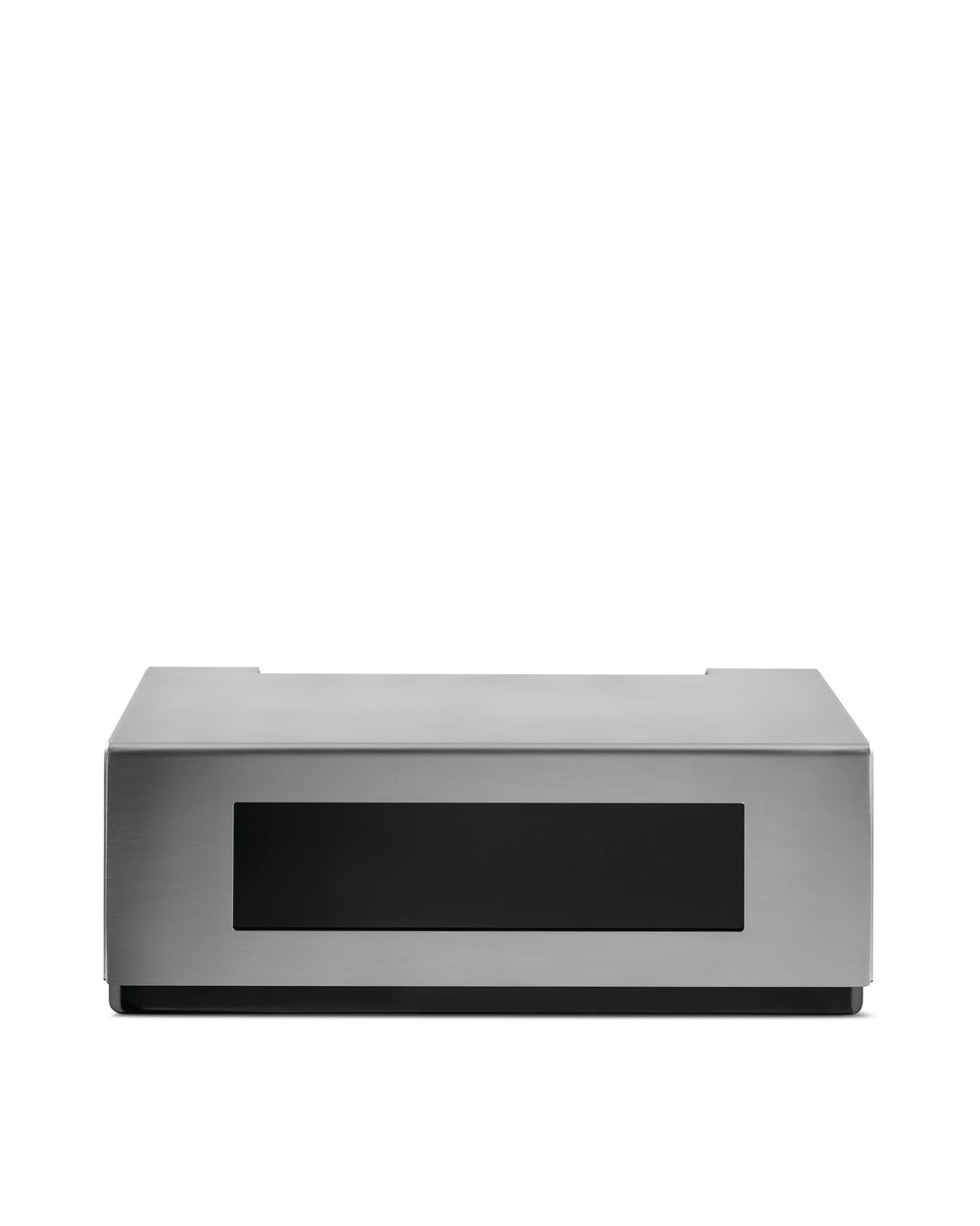 Sleek silver-toned metal container by Alessi with a brushed finish and a prominent black rectangular panel on the front.