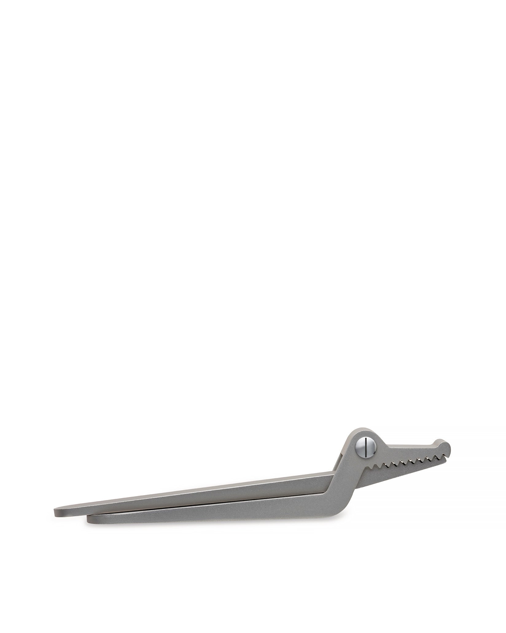 Gray metal nutcracker by Alessi, shaped like a crocodile with serrated jaws, side view.