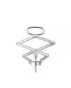 Silver metallic corkscrew by Alessi with a scissor-style mechanism and a top handle, centered on white.