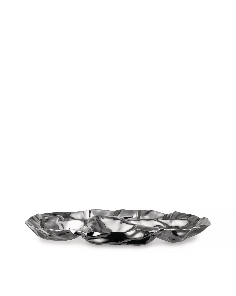 Metallic wavy serving plate by Alessi, with a highly reflective, irregular crumpled surface and multiple compartments on a white background.