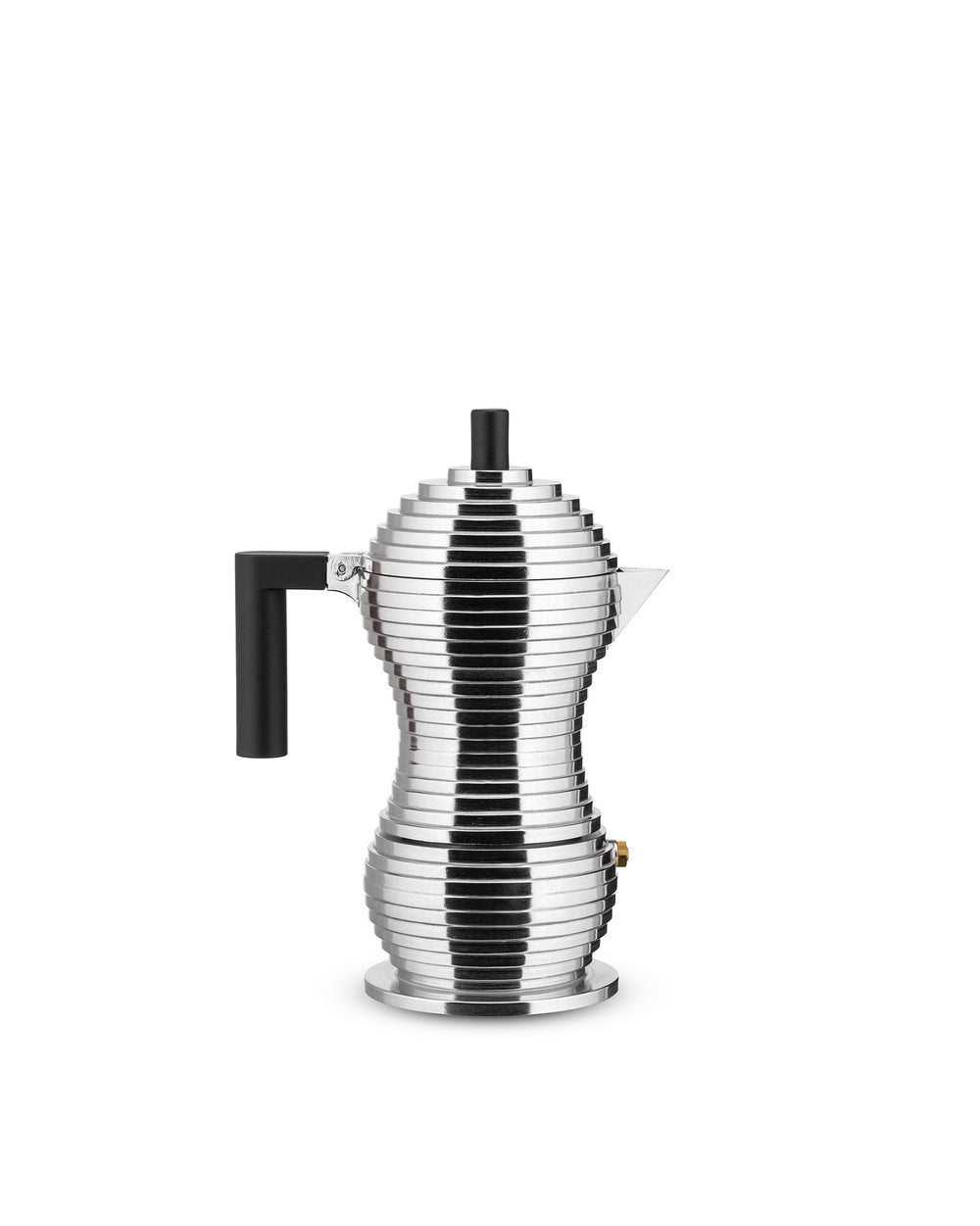Silver aluminum coffee maker by Alessi, with a ribbed, stacked design, black handle, knob, and brass valve.