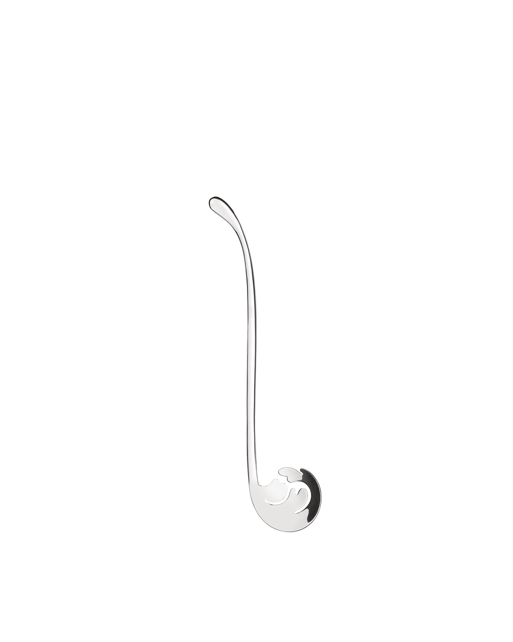 Silver polished metal ladle by Alessi with a long curved handle and wavy cutout details in the bowl.