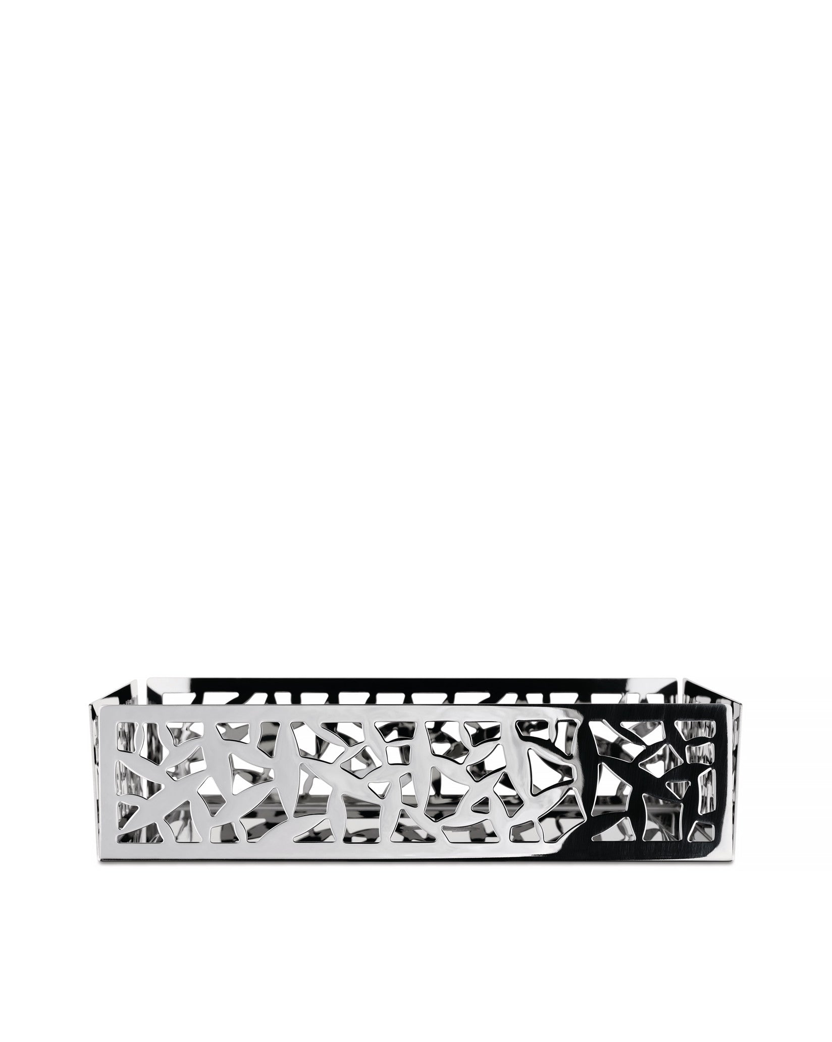 Silver metallic rectangular decorative tray by Alessi, featuring a detailed 'Cactus!' cutout pattern.