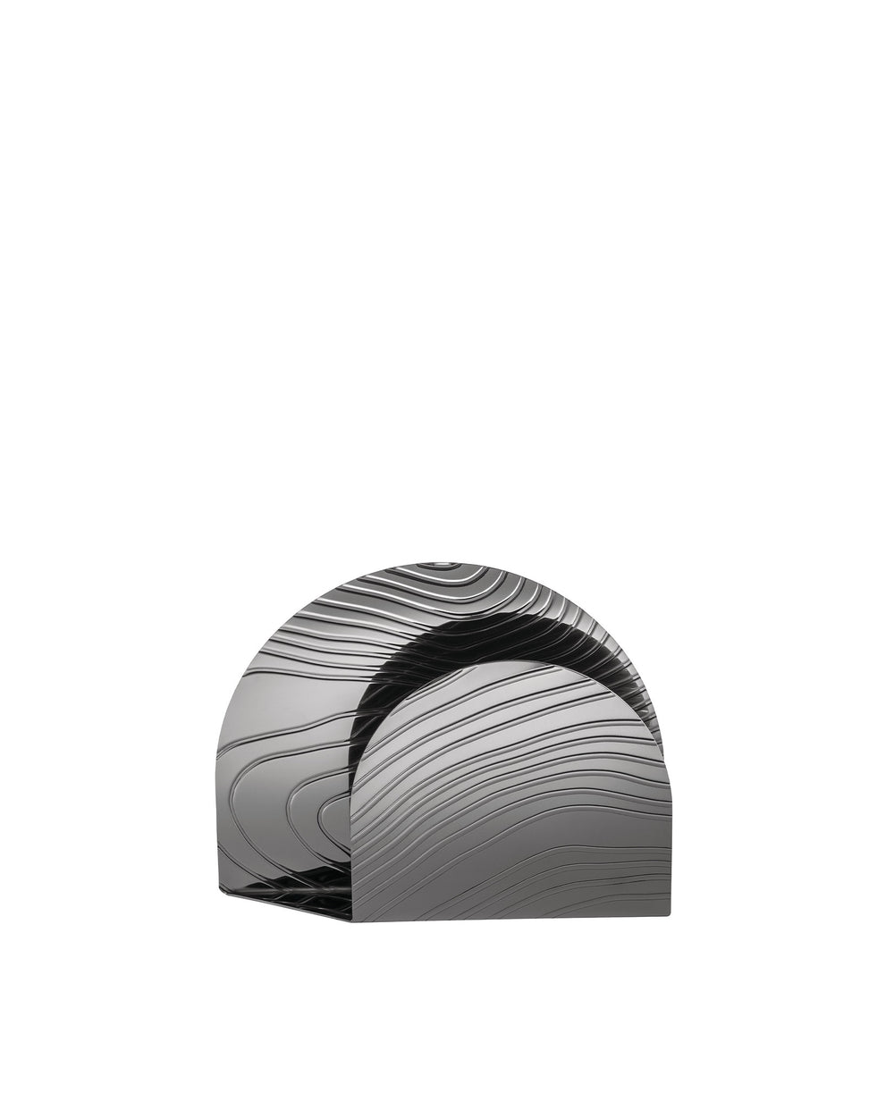 Metallic wavy-ribbed decorative holder by Alessi, with a semi-circular shape and reflective surface.
