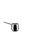Shiny metallic pot by Alessi with a long handle and rounded body on a white background.