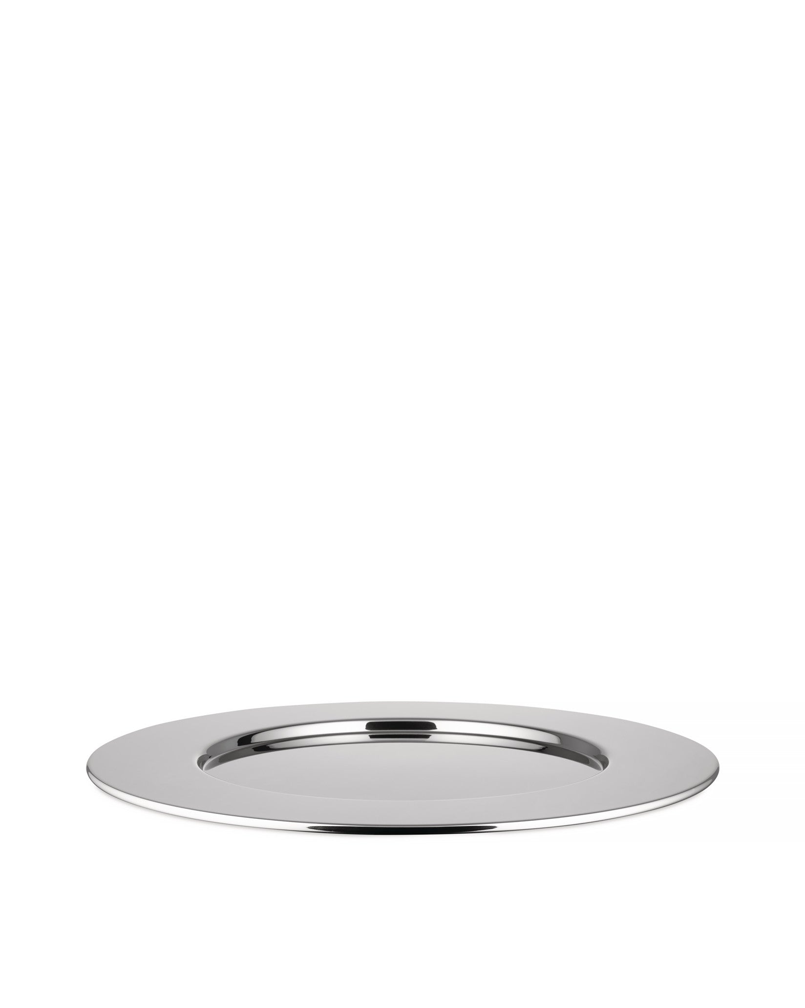 Round silver polished metal charger plate by Alessi, with a sleek reflective surface.
