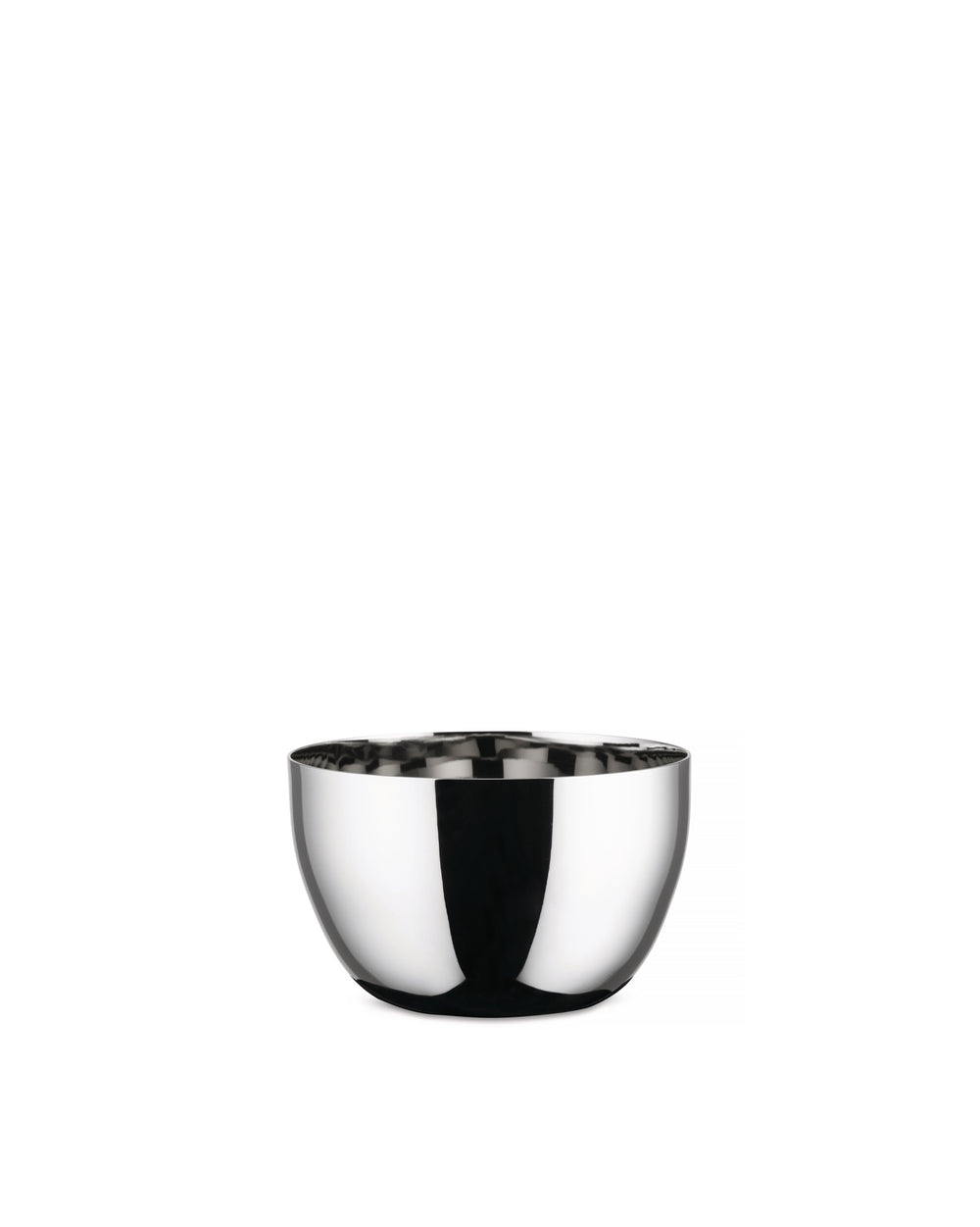 Polished steel bowl by Alessi, featuring a reflective interior with a grid-like pattern and a sleek exterior.